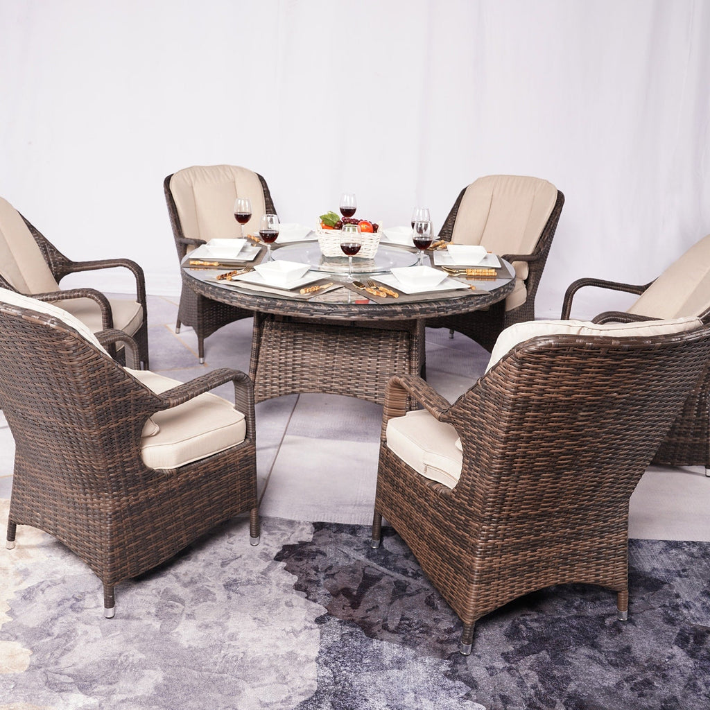 7-teiliges rundes Essset aus Rattan-Geflecht für den Außenbereich mit Kissen von Moda Furnishings
