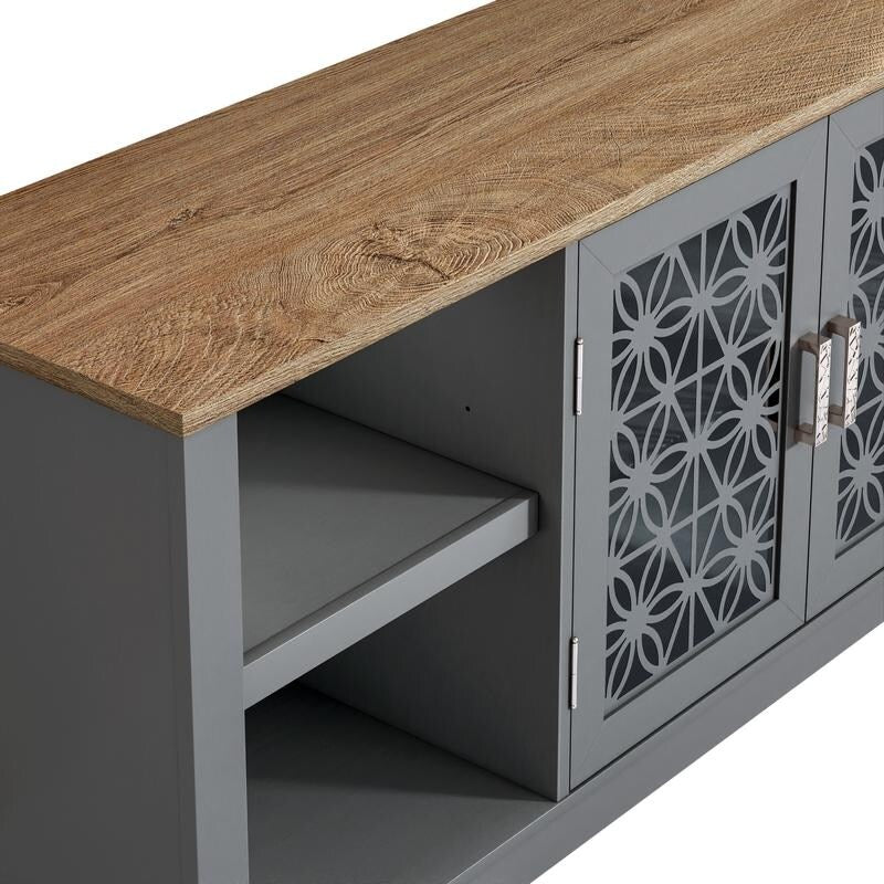 Rustikaler, dekorativer TV-Türständer mit Blumenmuster, 70 Zoll breit, für Fernseher bis zu 80 Zoll.