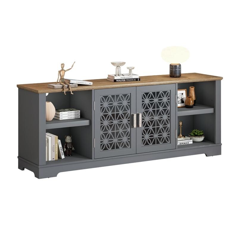 Rustikaler, dekorativer TV-Türständer mit Blumenmuster, 70 Zoll breit, für Fernseher bis zu 80 Zoll.