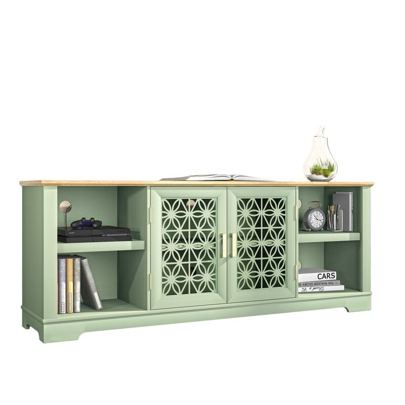 Rustikaler, dekorativer TV-Türständer mit Blumenmuster, 70 Zoll breit, für Fernseher bis zu 80 Zoll.