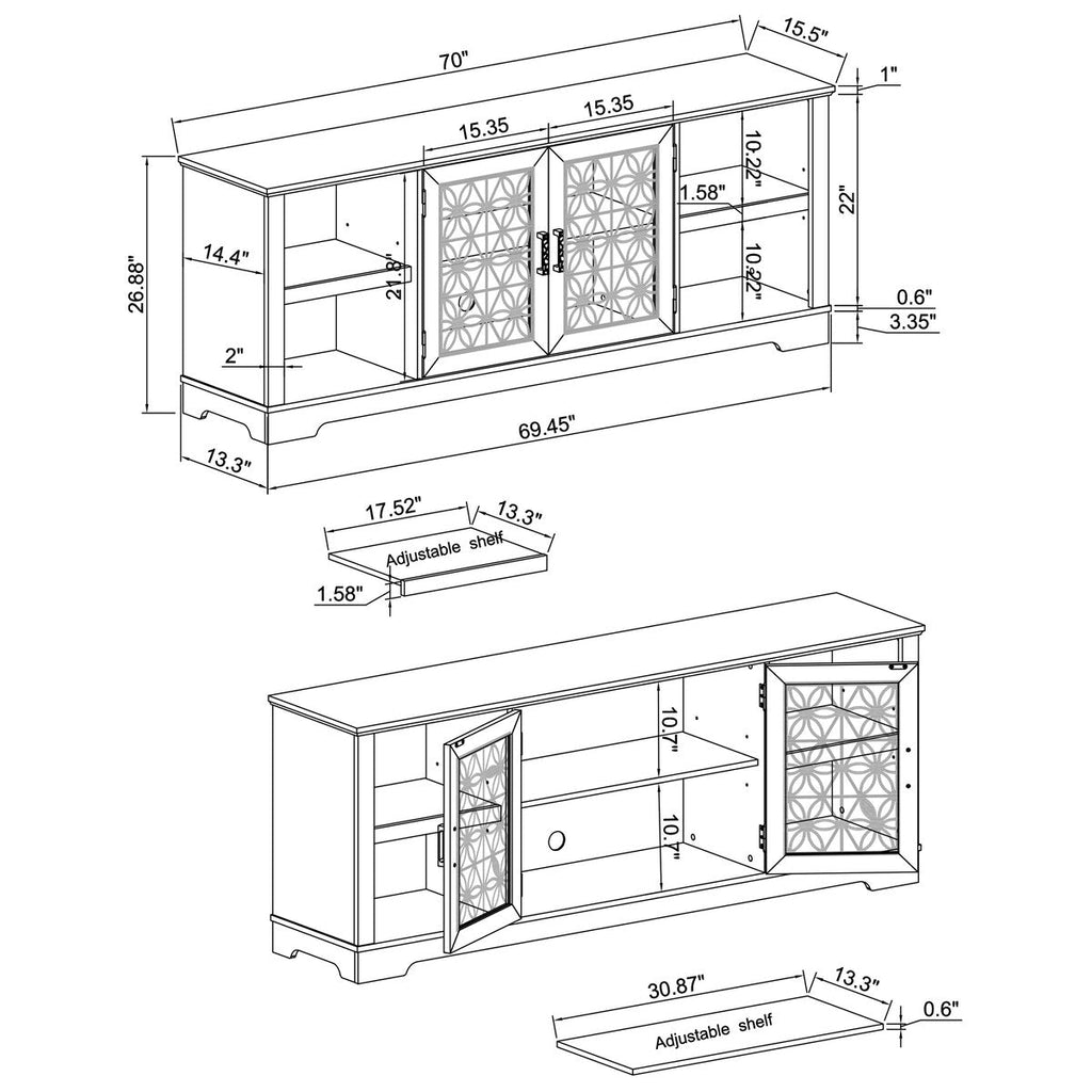 Rustikaler, dekorativer TV-Türständer mit Blumenmuster, 70 Zoll breit, für Fernseher bis zu 80 Zoll.