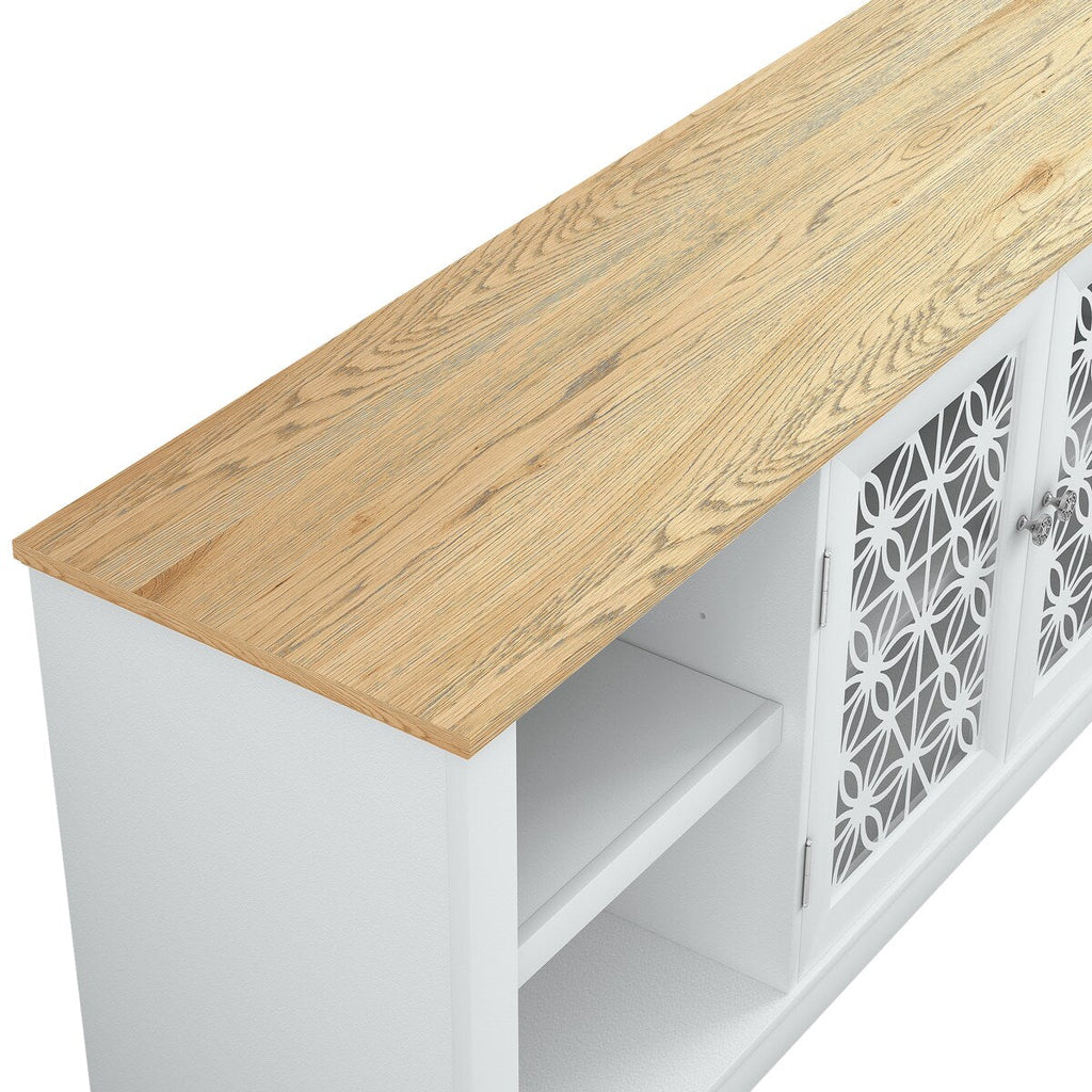 Rustikaler, dekorativer TV-Türständer mit Blumenmuster, 70 Zoll breit, für Fernseher bis zu 80 Zoll.