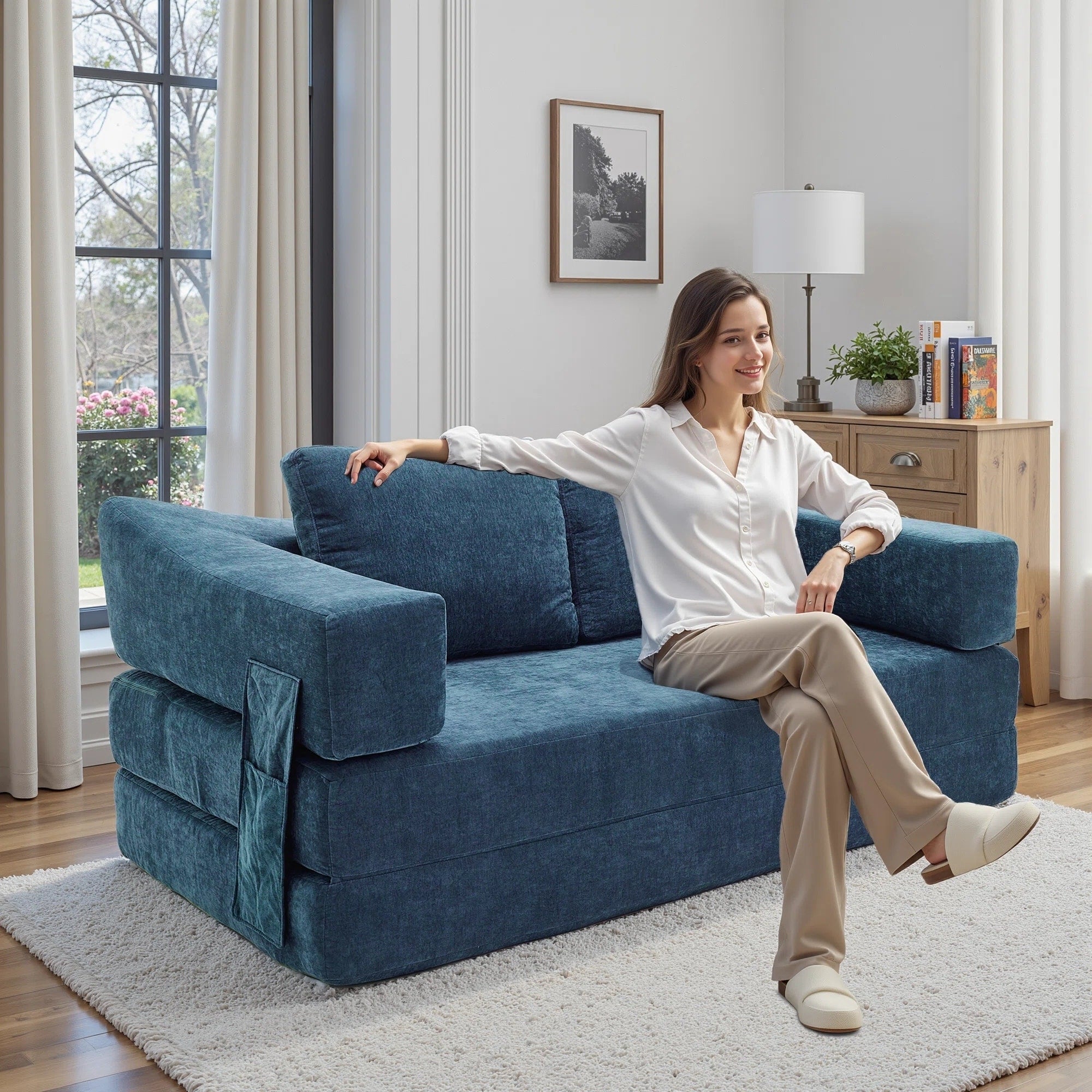 70,87 Gepolstertes Schlafsofa, ausziehbarer Sessel, bequemes Sofa für Wohnzimmer und Schlafzimmer, Chenille-Stoff