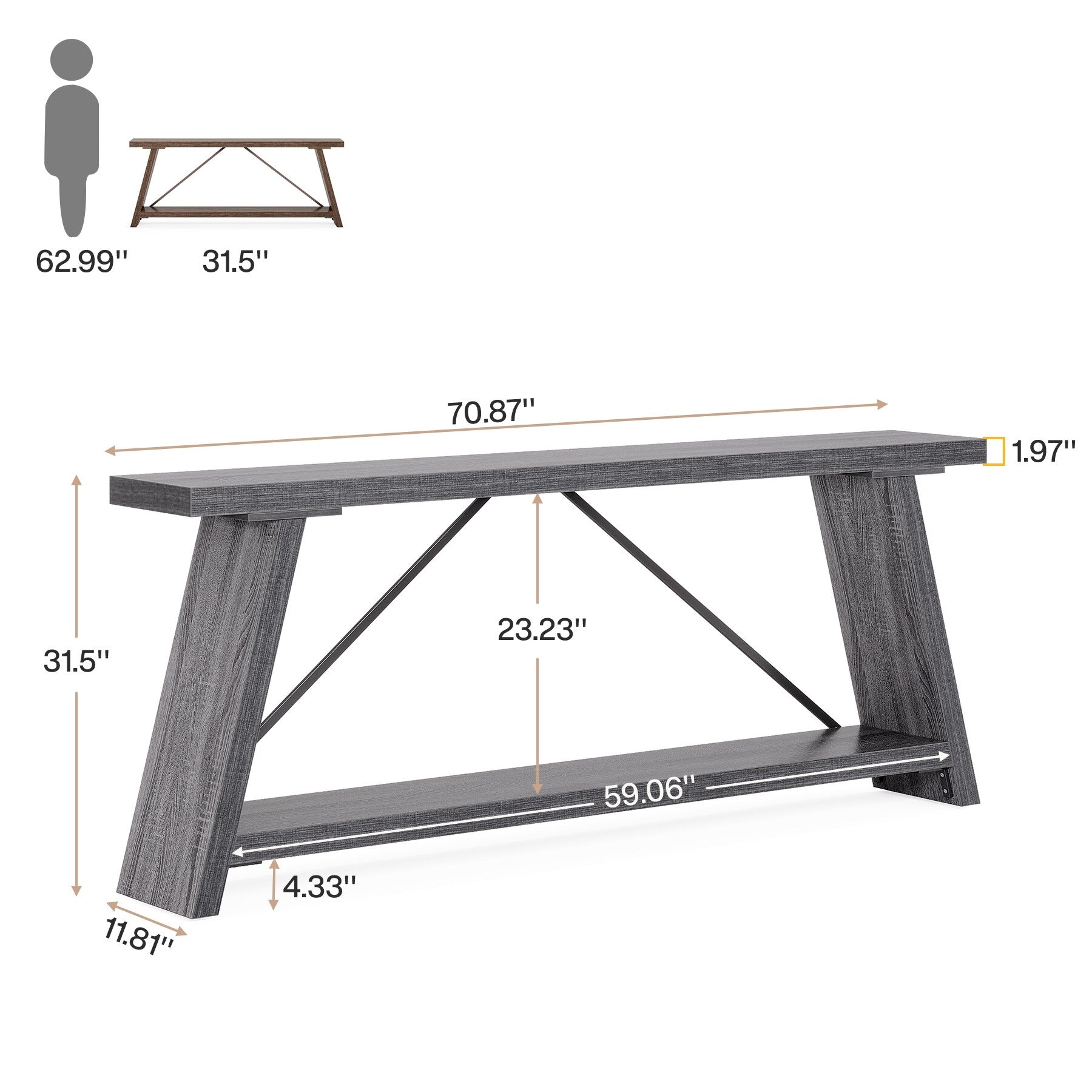 70,9 Zoll langer Konsolentisch aus rustikalem Holz mit Ablagefläche