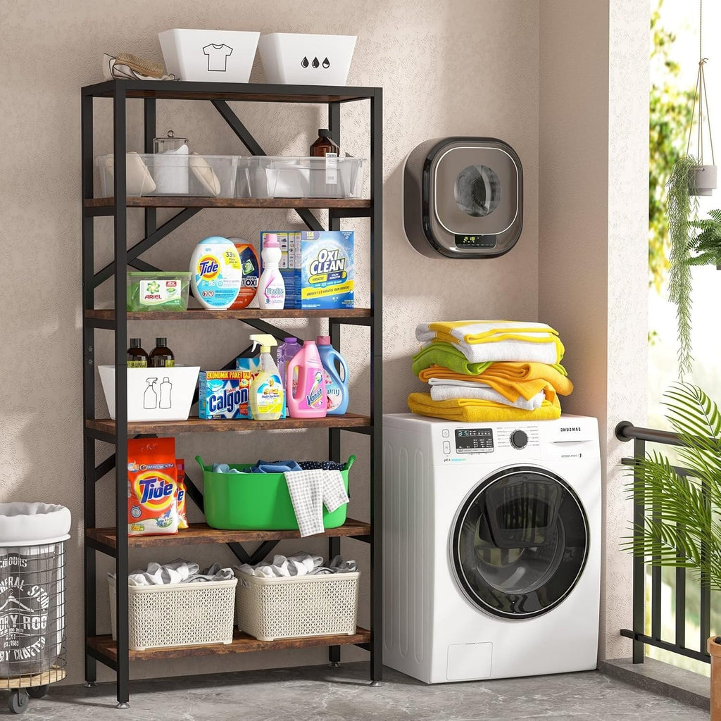 Industrielles Bücherregal 71, 6-stöckiges Bücherregal aus rustikalem braunem Holz, offene Bücherregale