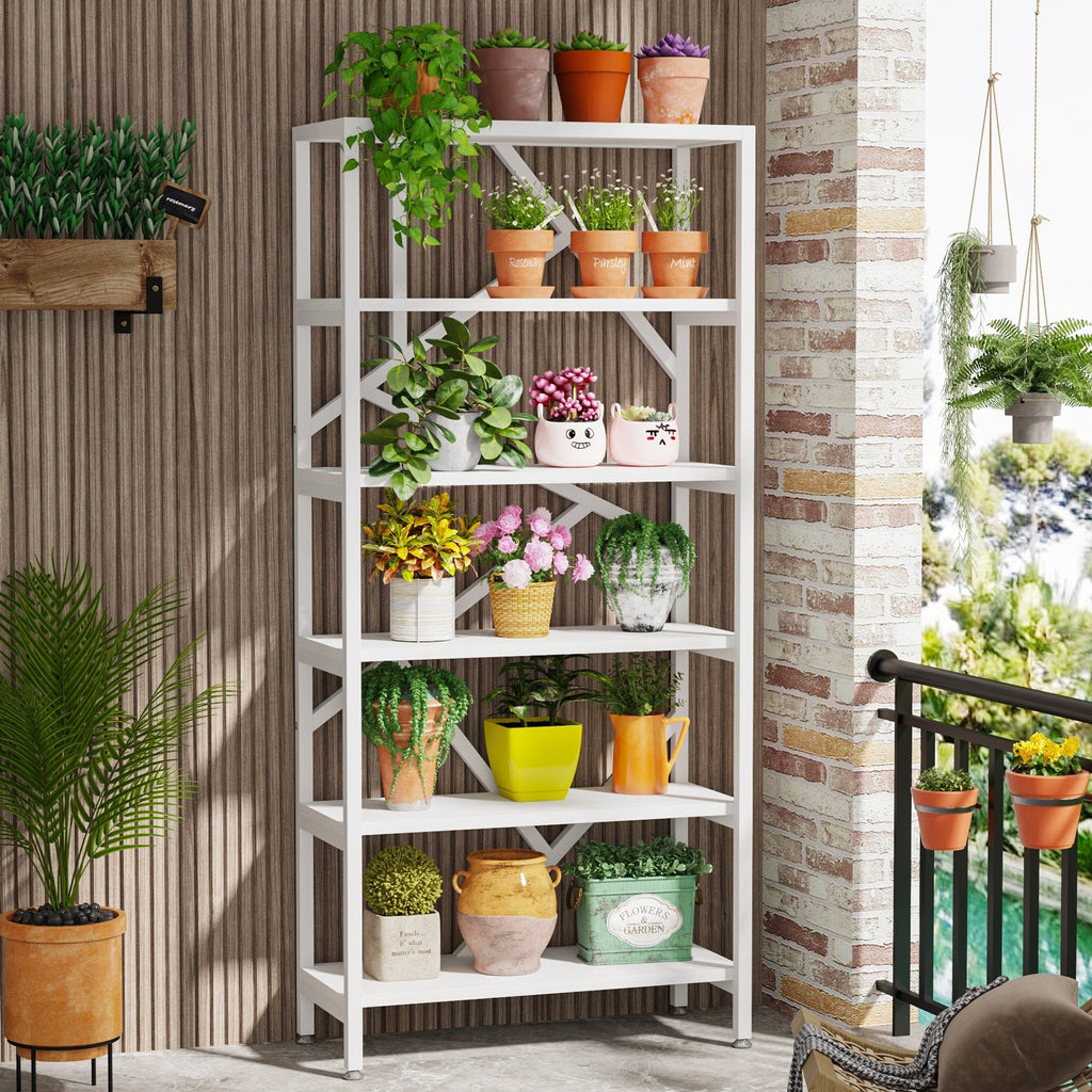 Industrielles Bücherregal 71, 6-stöckiges Bücherregal aus rustikalem braunem Holz, offene Bücherregale