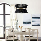 Moderner, großer 8-flammiger Boho-Kronleuchter in Trommelform, 61 cm (24 Zoll), handgewebter Stoff-Sanduhr-Kronleuchter in Gold/Schwarz für Ess-/Wohnzimmer