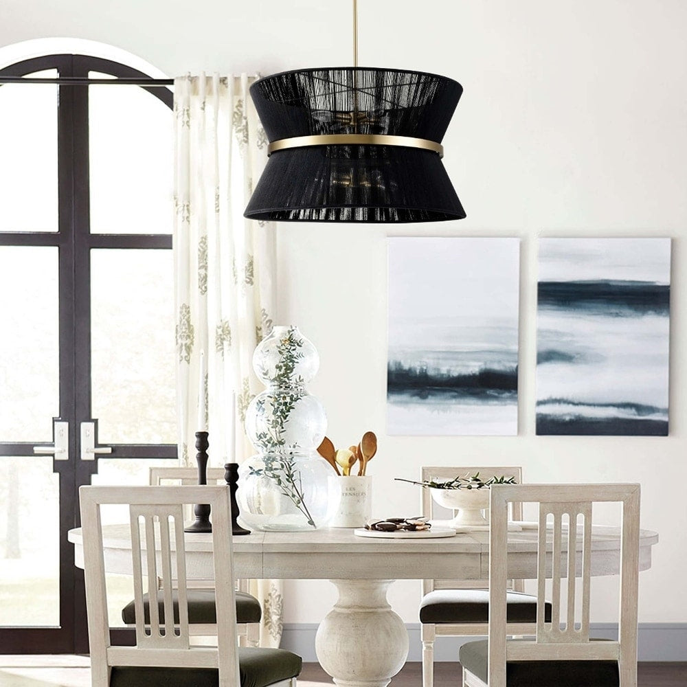 Moderner, großer 8-flammiger Boho-Kronleuchter in Trommelform, 61 cm (24 Zoll), handgewebter Stoff-Sanduhr-Kronleuchter in Gold/Schwarz für Ess-/Wohnzimmer