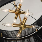 Moderner, großer 8-flammiger Boho-Kronleuchter in Trommelform, 61 cm (24 Zoll), handgewebter Stoff-Sanduhr-Kronleuchter in Gold/Schwarz für Ess-/Wohnzimmer