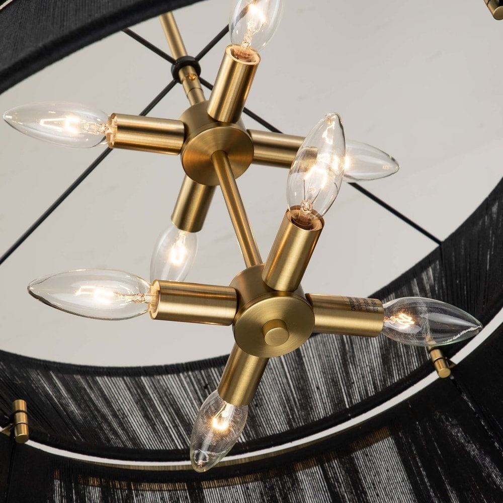 Moderner, großer 8-flammiger Boho-Kronleuchter in Trommelform, 61 cm (24 Zoll), handgewebter Stoff-Sanduhr-Kronleuchter in Gold/Schwarz für Ess-/Wohnzimmer