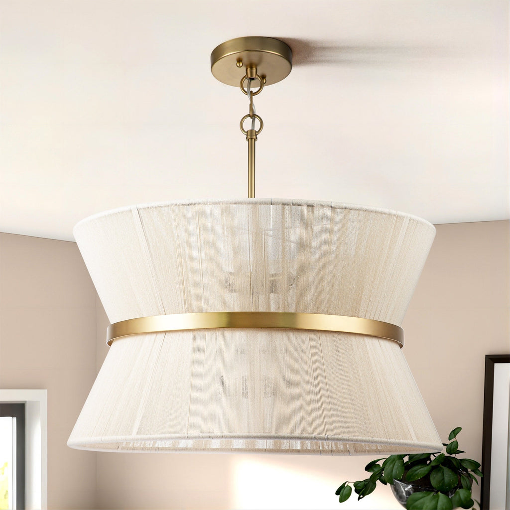 Moderner, großer 8-flammiger Boho-Kronleuchter in Trommelform, 61 cm (24 Zoll), handgewebter Stoff-Sanduhr-Kronleuchter in Gold/Schwarz für Ess-/Wohnzimmer