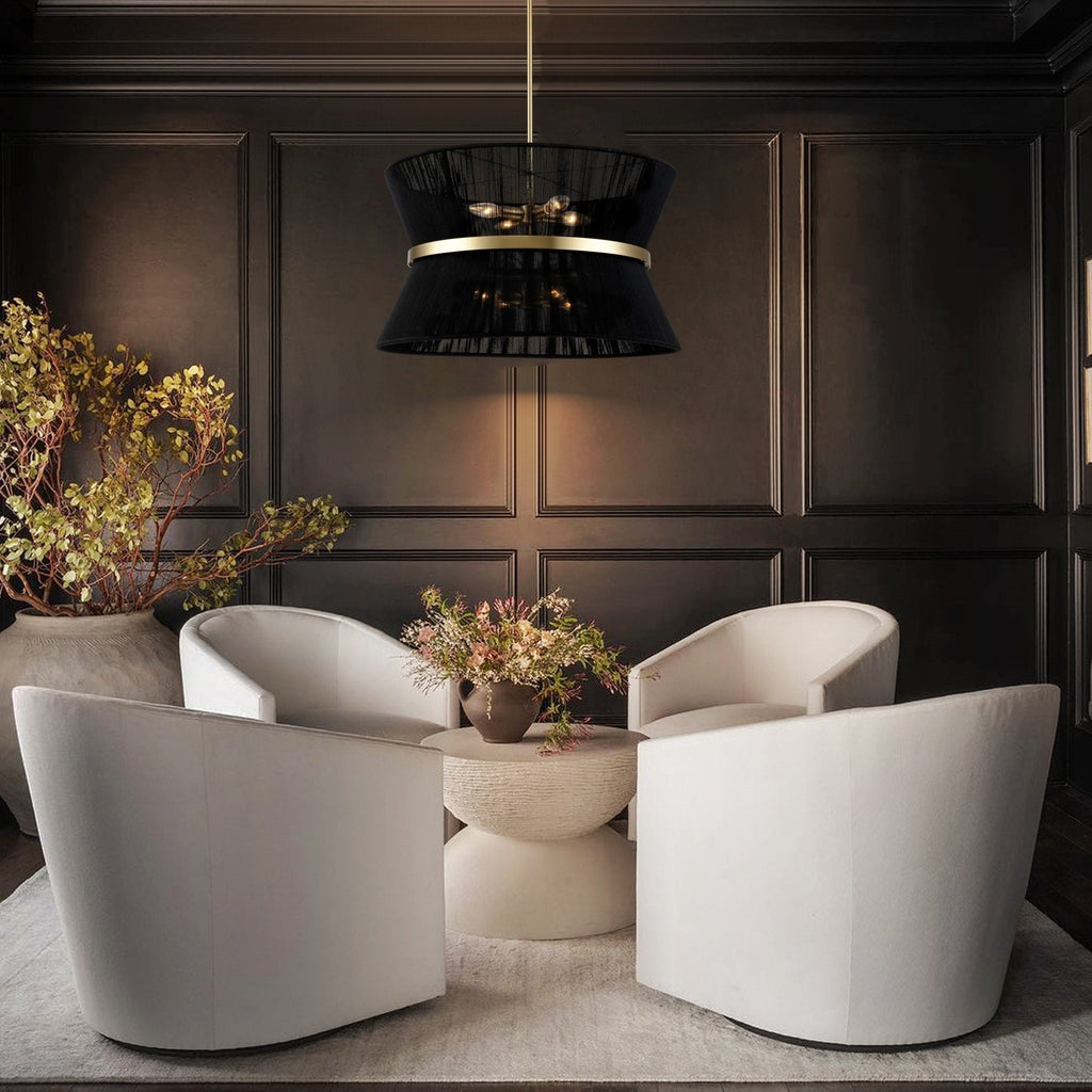 Moderner, großer 8-flammiger Boho-Kronleuchter in Trommelform, 61 cm (24 Zoll), handgewebter Stoff-Sanduhr-Kronleuchter in Gold/Schwarz für Ess-/Wohnzimmer