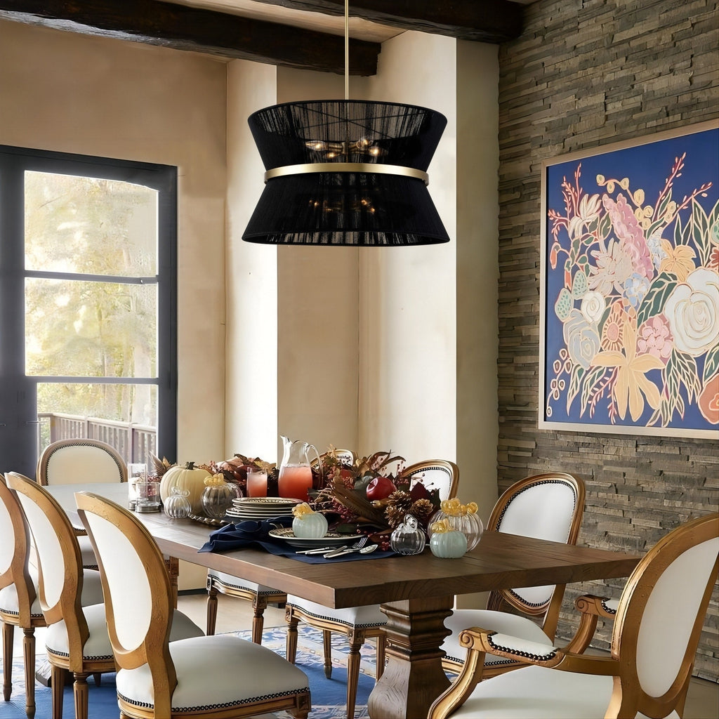 Moderner, großer 8-flammiger Boho-Kronleuchter in Trommelform, 61 cm (24 Zoll), handgewebter Stoff-Sanduhr-Kronleuchter in Gold/Schwarz für Ess-/Wohnzimmer