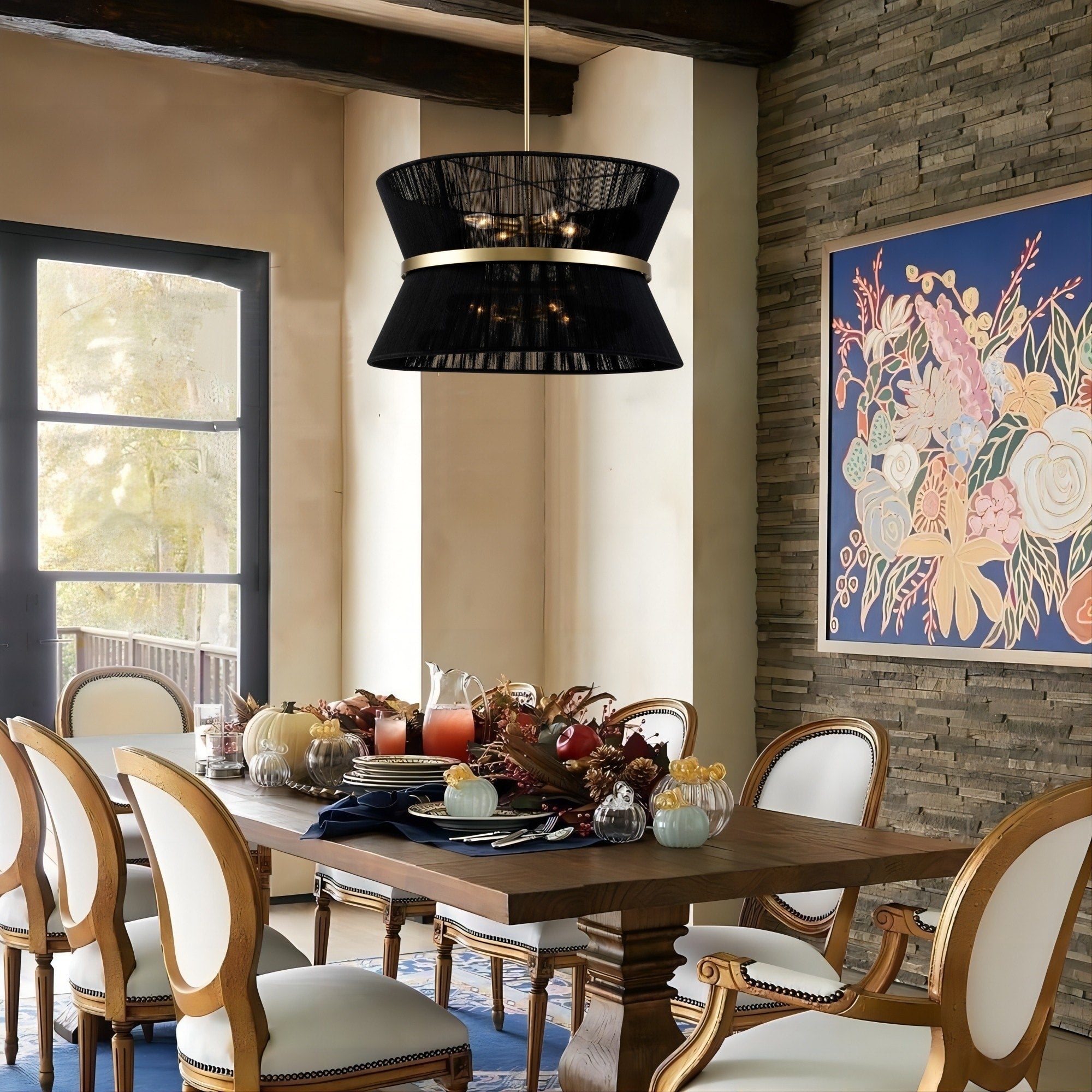 Moderner, großer 8-flammiger Boho-Kronleuchter in Trommelform, 61 cm (24 Zoll), handgewebter Stoff-Sanduhr-Kronleuchter in Gold/Schwarz für Ess-/Wohnzimmer