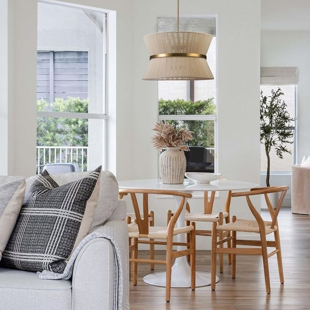 Moderner, großer 8-flammiger Boho-Kronleuchter in Trommelform, 61 cm (24 Zoll), handgewebter Stoff-Sanduhr-Kronleuchter in Gold/Schwarz für Ess-/Wohnzimmer