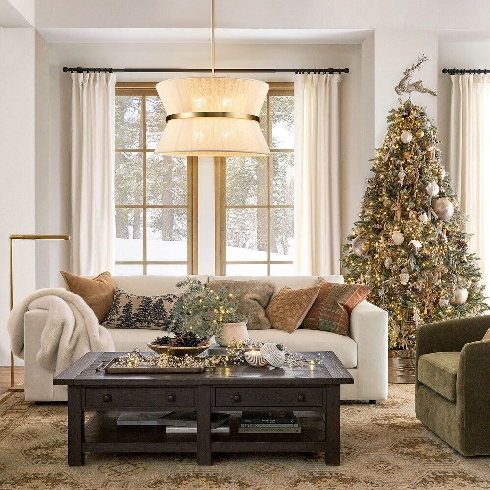 Moderner, großer 8-flammiger Boho-Kronleuchter in Trommelform, 61 cm (24 Zoll), handgewebter Stoff-Sanduhr-Kronleuchter in Gold/Schwarz für Ess-/Wohnzimmer