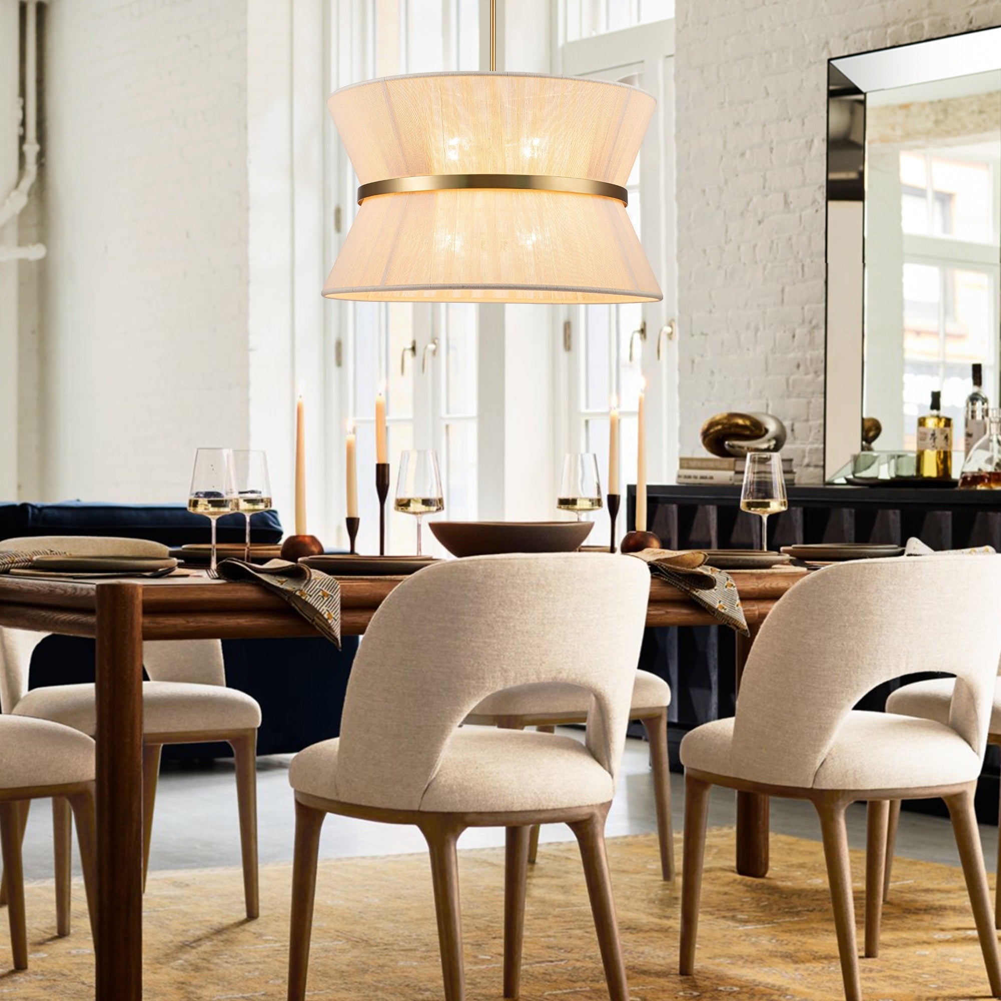 Moderner, großer 8-flammiger Boho-Kronleuchter in Trommelform, 61 cm (24 Zoll), handgewebter Stoff-Sanduhr-Kronleuchter in Gold/Schwarz für Ess-/Wohnzimmer