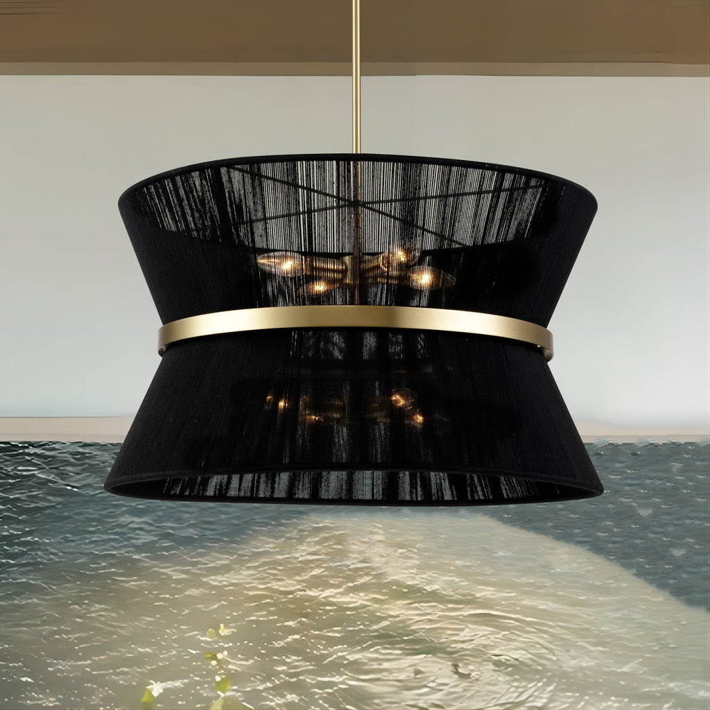 Moderner, großer 8-flammiger Boho-Kronleuchter in Trommelform, 61 cm (24 Zoll), handgewebter Stoff-Sanduhr-Kronleuchter in Gold/Schwarz für Ess-/Wohnzimmer