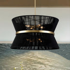 Moderner, großer 8-flammiger Boho-Kronleuchter in Trommelform, 61 cm (24 Zoll), handgewebter Stoff-Sanduhr-Kronleuchter in Gold/Schwarz für Ess-/Wohnzimmer