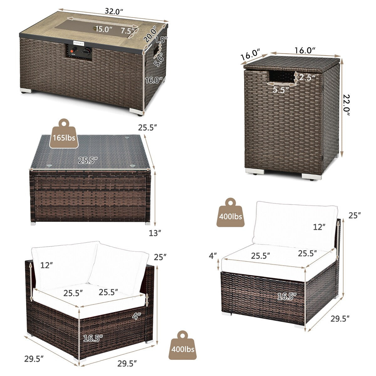 8-teiliges Terrassenmöbel-Set aus Rattan, inklusive Feuerstelle, Tisch, Tankhalterung und Abdeckung