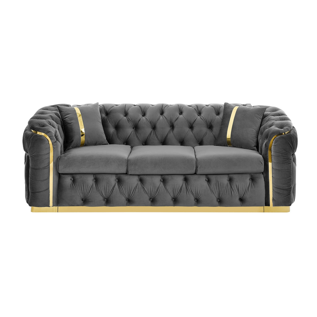 90,6 Samt-3-Sitzer-Sofa mit 2 Kissen, hochdichten Polstern, goldenen Akzenten und Zierkissen