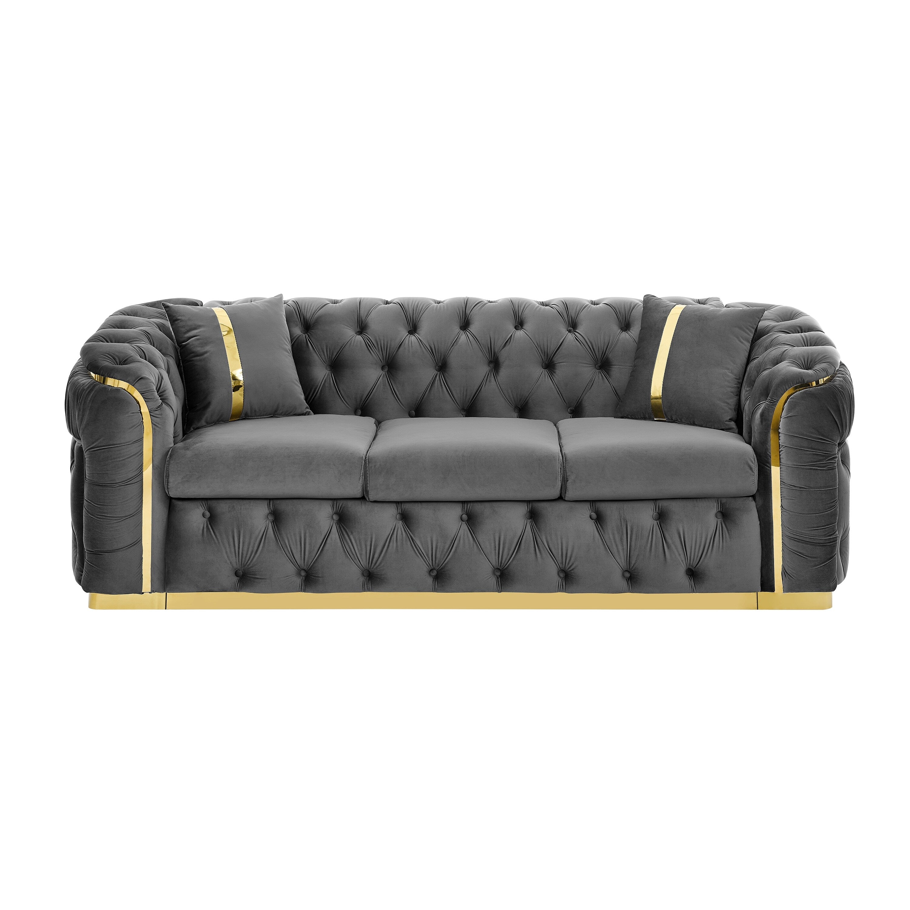 90,6 Samt-3-Sitzer-Sofa mit 2 Kissen, hochdichten Polstern, goldenen Akzenten und Zierkissen