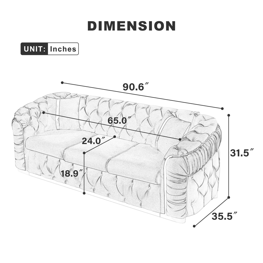 90,6 Samt-3-Sitzer-Sofa mit 2 Kissen, hochdichten Polstern, goldenen Akzenten und Zierkissen