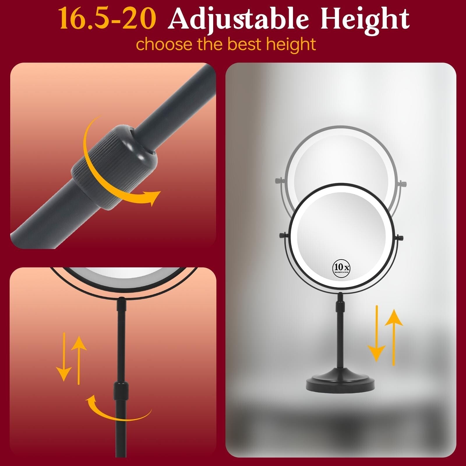 9 LED-beleuchteter Kosmetikspiegel, doppelseitiger Vergrößerungsspiegel mit 1-facher/10-facher Vergrößerung, 3 Beleuchtungsfarben