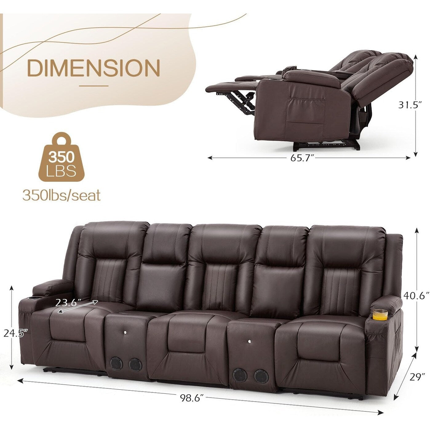 AECOJOY Relaxsofa, manuell verstellbar, Wohnmobil-Couch, PU-Heimkino-Sitzgruppe mit Konsole