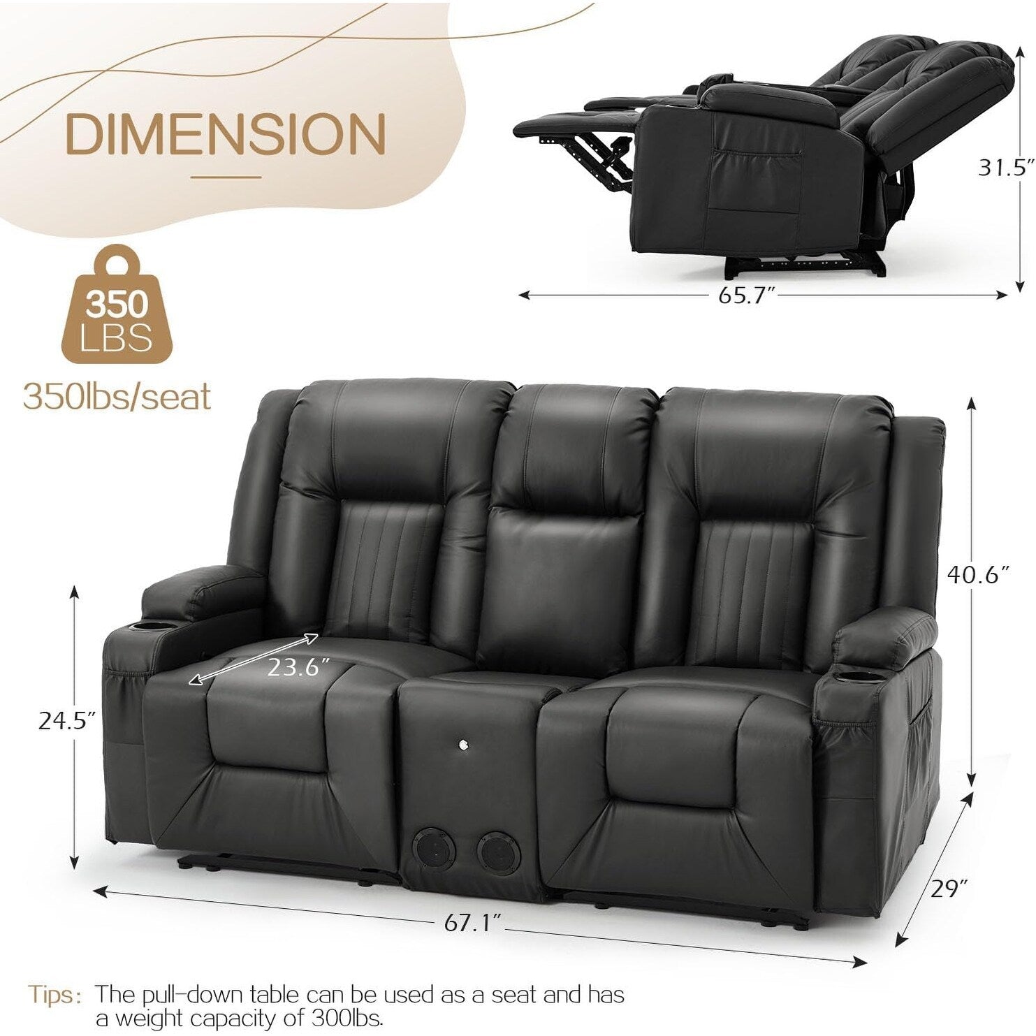 AECOJOY Relaxsofa, manuell verstellbar, Wohnmobil-Couch, PU-Heimkino-Sitzgruppe mit Konsole