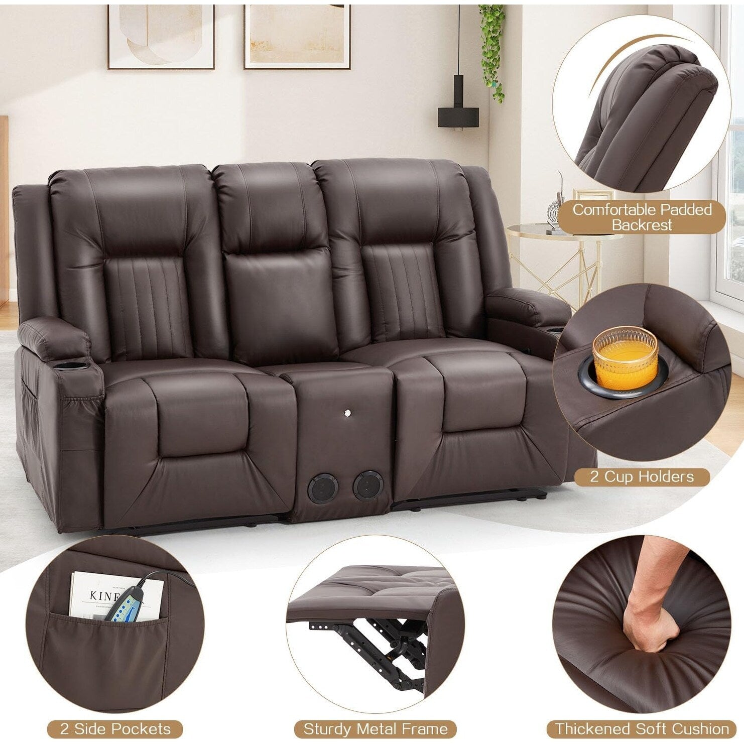 AECOJOY Relaxsofa, manuell verstellbar, Wohnmobil-Couch, PU-Heimkino-Sitzgruppe mit Konsole