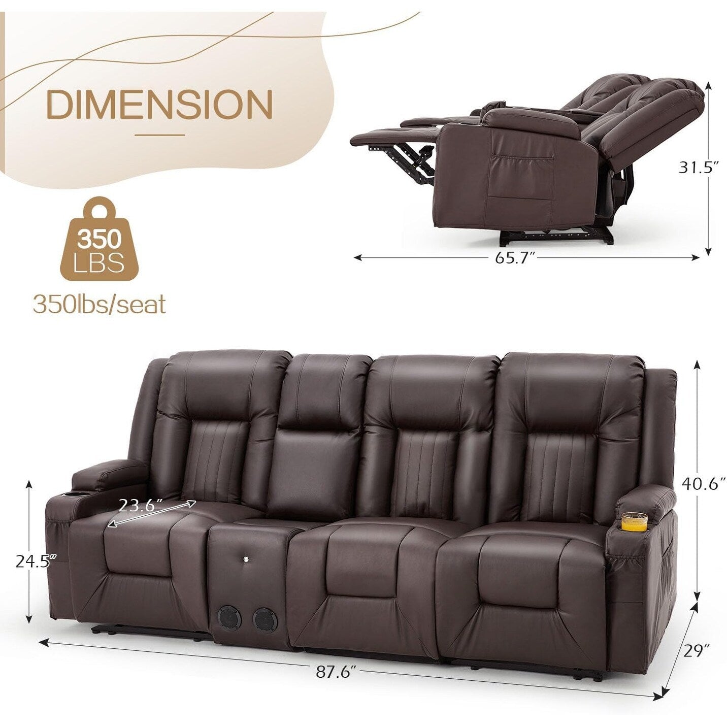 AECOJOY Relaxsofa, manuell verstellbar, Wohnmobil-Couch, PU-Heimkino-Sitzgruppe mit Konsole