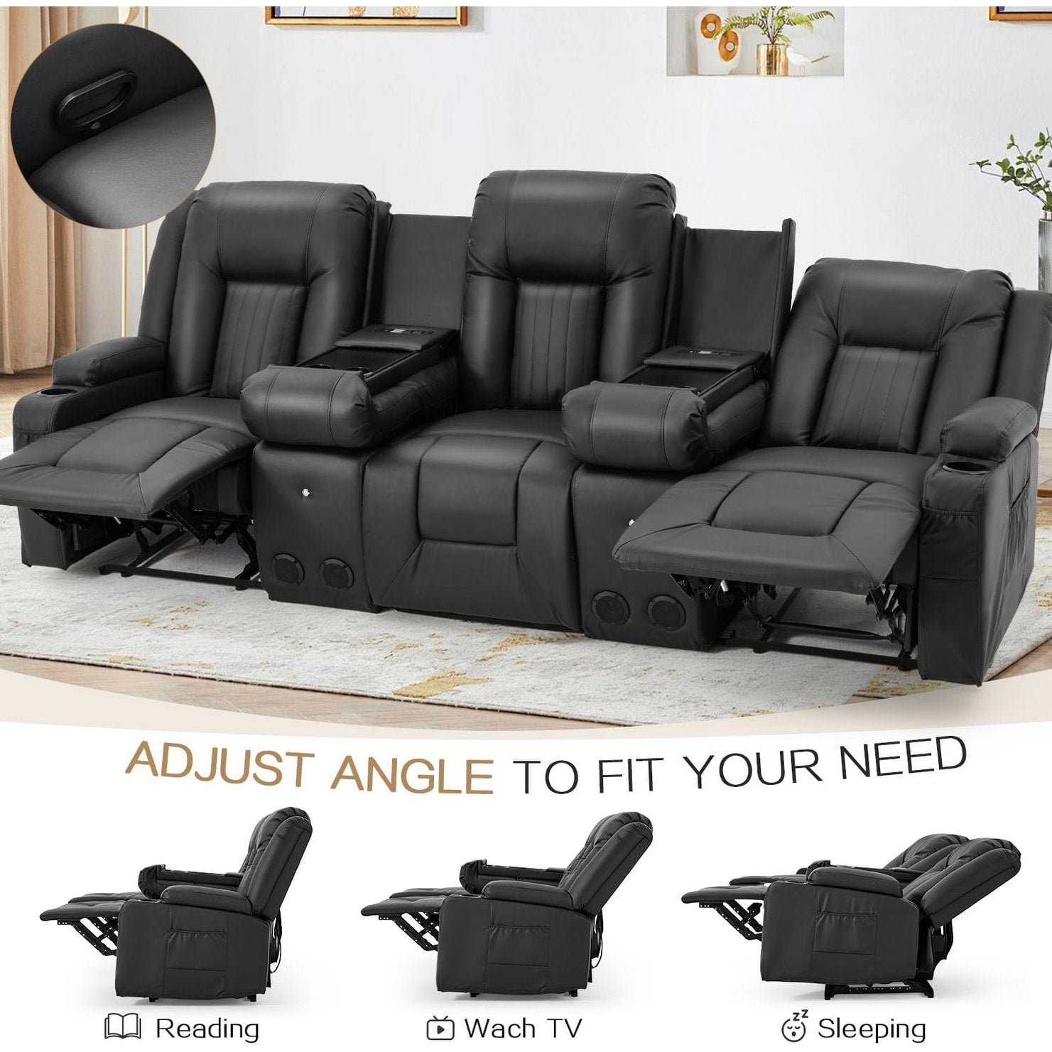 AECOJOY Relaxsofa, manuell verstellbar, Wohnmobil-Couch, PU-Heimkino-Sitzgruppe mit Konsole