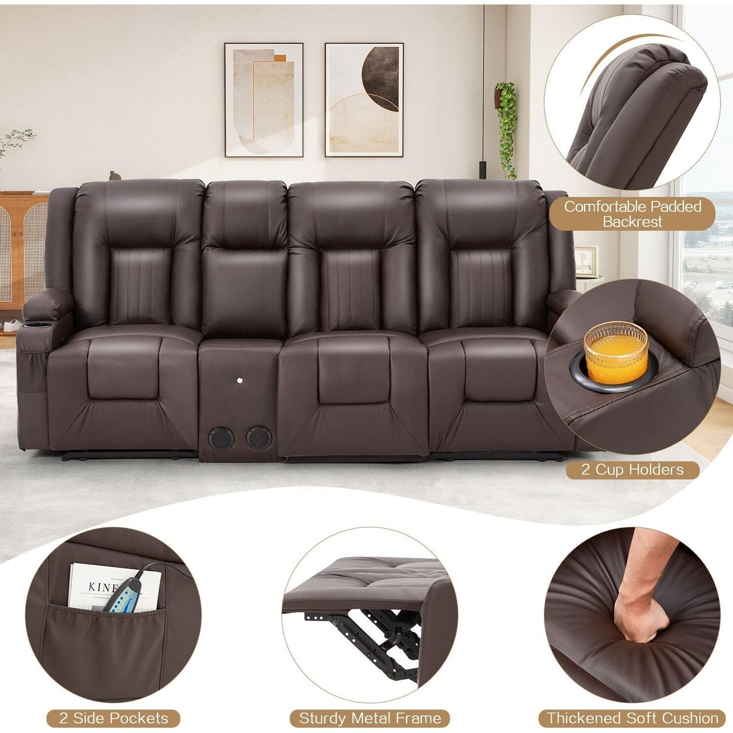 AECOJOY Relaxsofa, manuell verstellbar, Wohnmobil-Couch, PU-Heimkino-Sitzgruppe mit Konsole