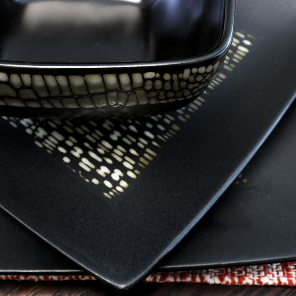 Abstraktes quadratisches Doppelschüssel-Geschirrset aus schwarzem Steingut, 16-teilig