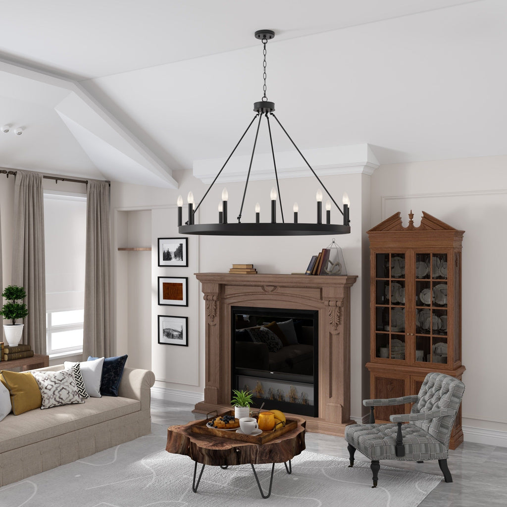 Acroma 12-flammiger Landhaus-Kronleuchter im Wagenrad-Design (40 Zoll) mit UL-Zertifizierung – 40 Zoll Durchmesser x 138 Zoll Höhe