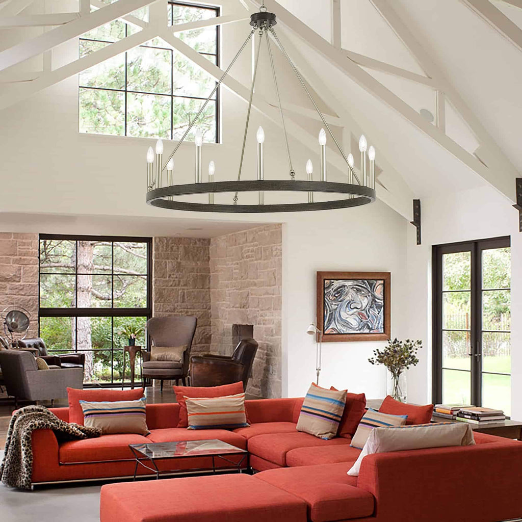 Acroma 12-flammiger Landhaus-Kronleuchter im Wagenrad-Design (40 Zoll) mit UL-Zertifizierung – 40 Zoll Durchmesser x 138 Zoll Höhe