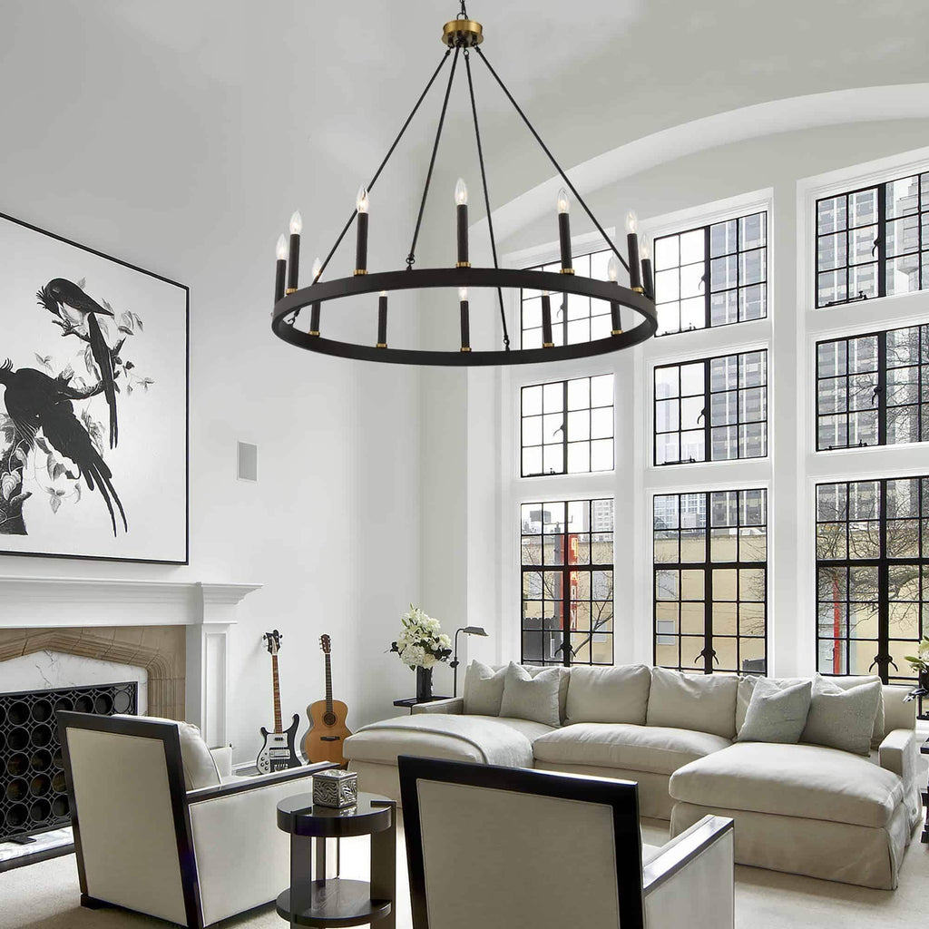 Acroma 12-flammiger Landhaus-Kronleuchter im Wagenrad-Design (40 Zoll) mit UL-Zertifizierung – 40 Zoll Durchmesser x 138 Zoll Höhe