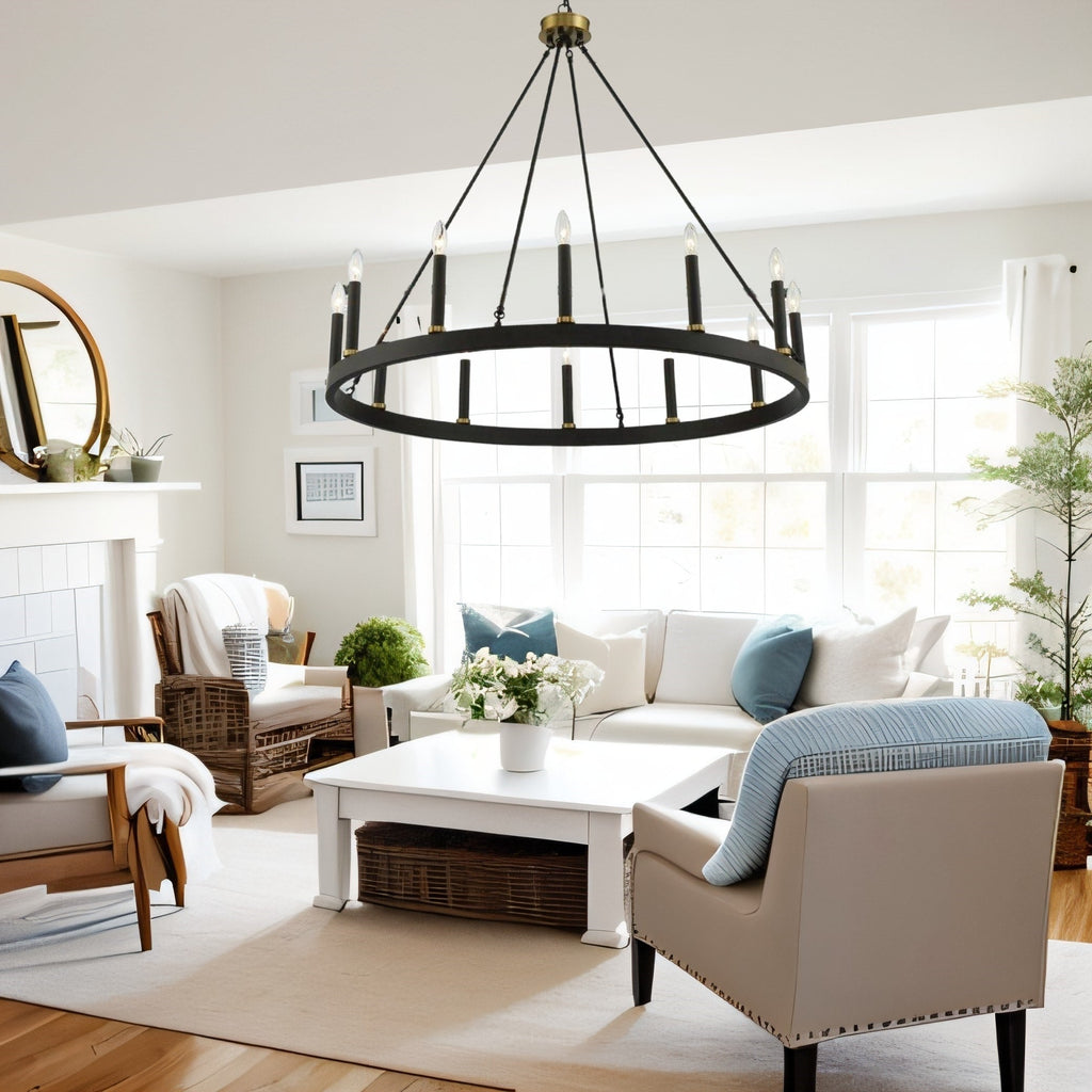 Acroma 12-flammiger Landhaus-Kronleuchter im Wagenrad-Design (40 Zoll) mit UL-Zertifizierung – 40 Zoll Durchmesser x 138 Zoll Höhe