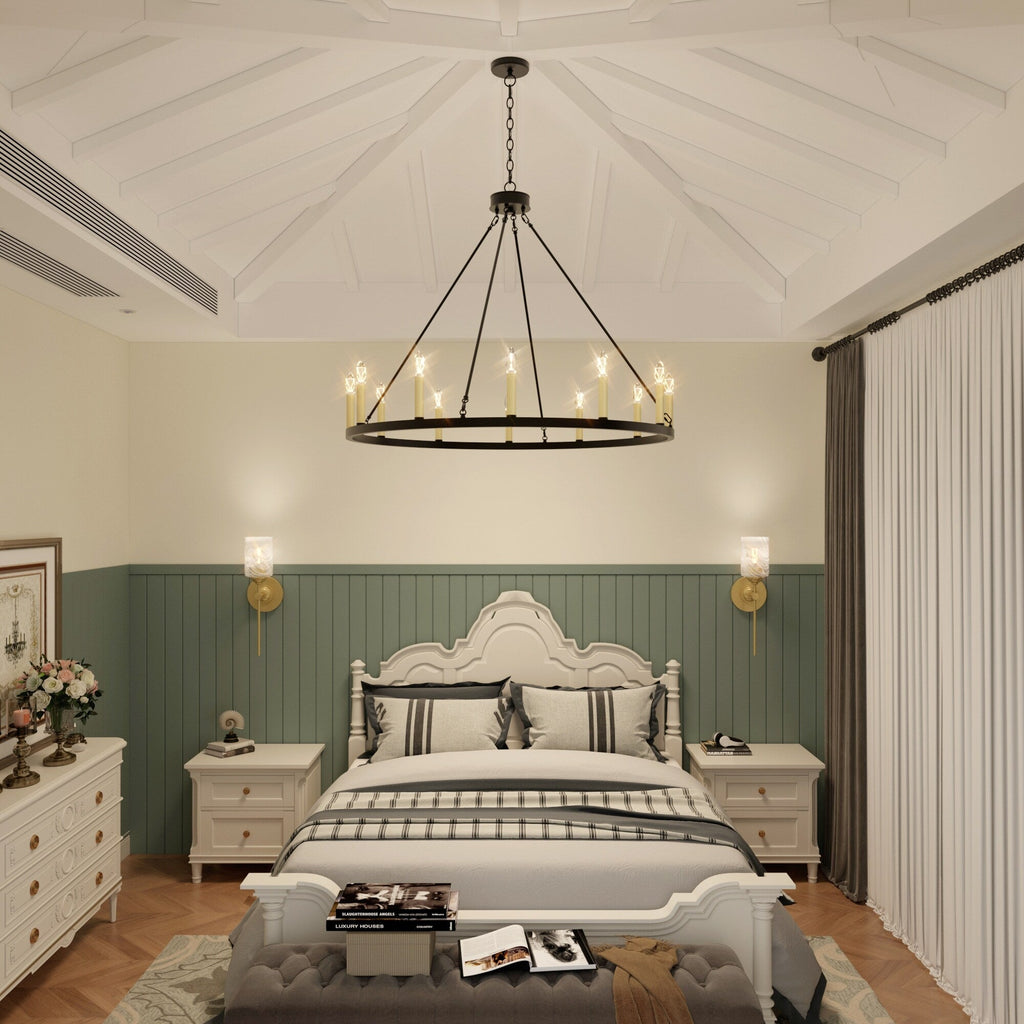 Acroma 12-flammiger Landhaus-Kronleuchter im Wagenrad-Design (40 Zoll) mit UL-Zertifizierung – 40 Zoll Durchmesser x 138 Zoll Höhe