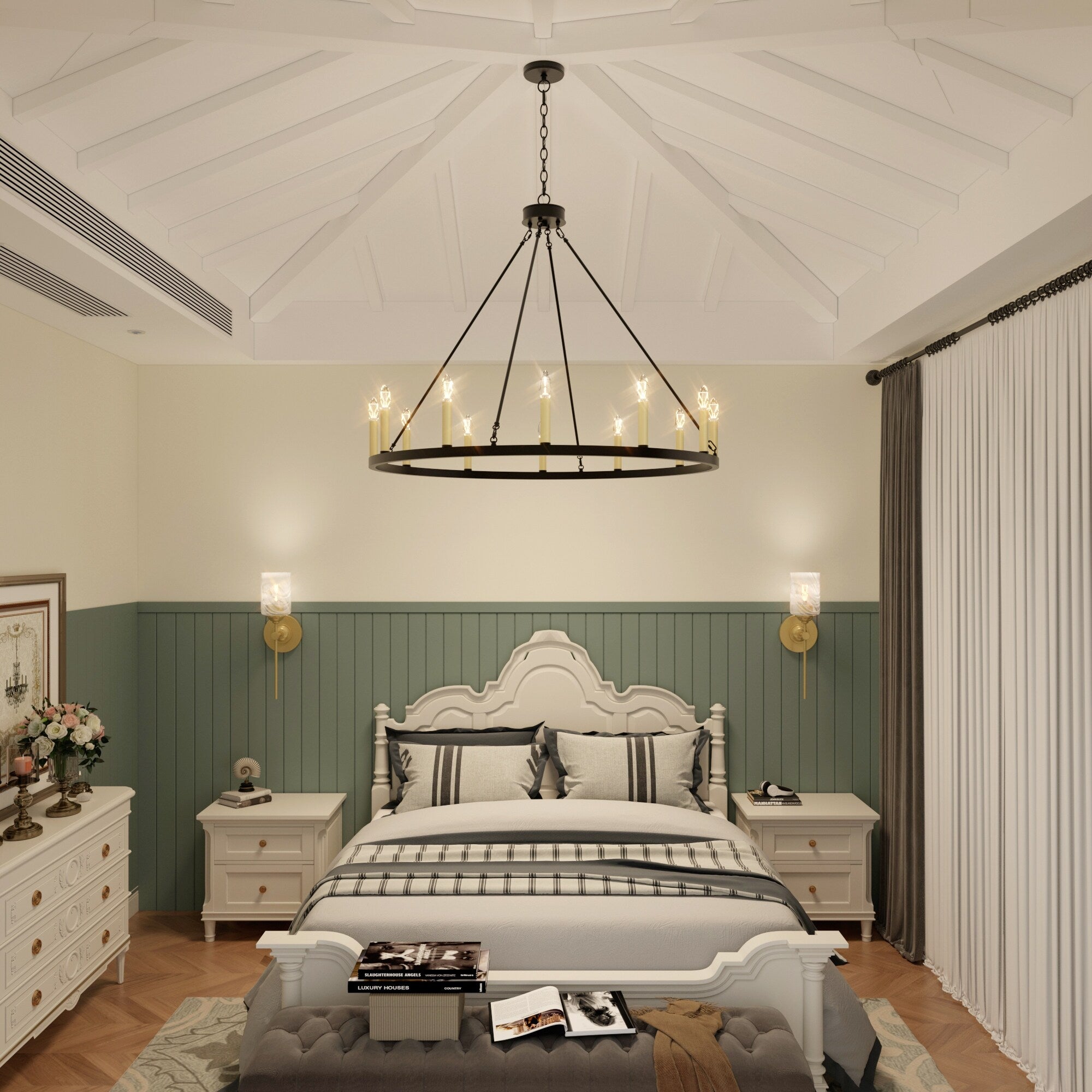 Acroma 12-flammiger Landhaus-Kronleuchter im Wagenrad-Design (40 Zoll) mit UL-Zertifizierung – 40 Zoll Durchmesser x 138 Zoll Höhe