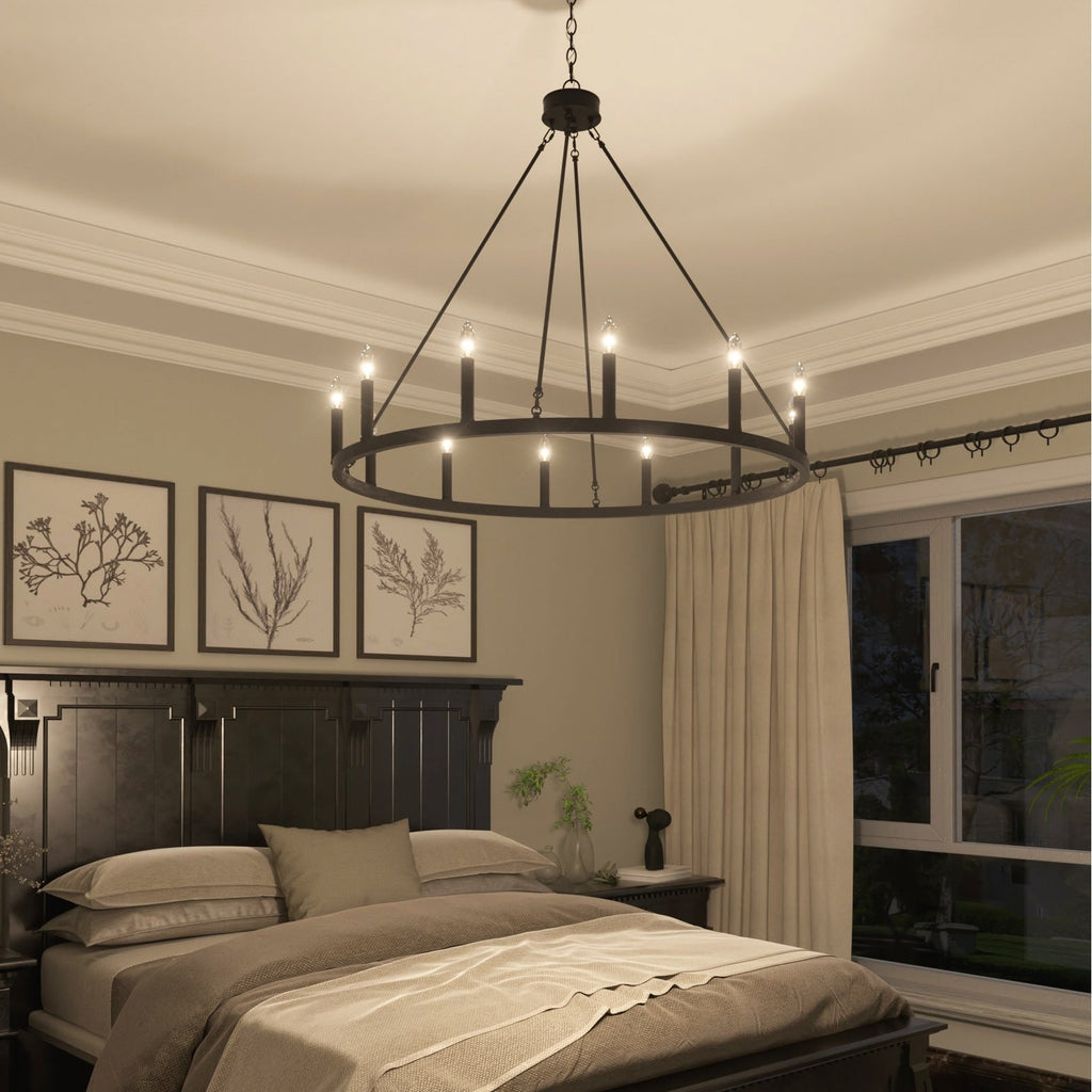 Acroma 12-flammiger Landhaus-Kronleuchter im Wagenrad-Design (40 Zoll) mit UL-Zertifizierung – 40 Zoll Durchmesser x 138 Zoll Höhe