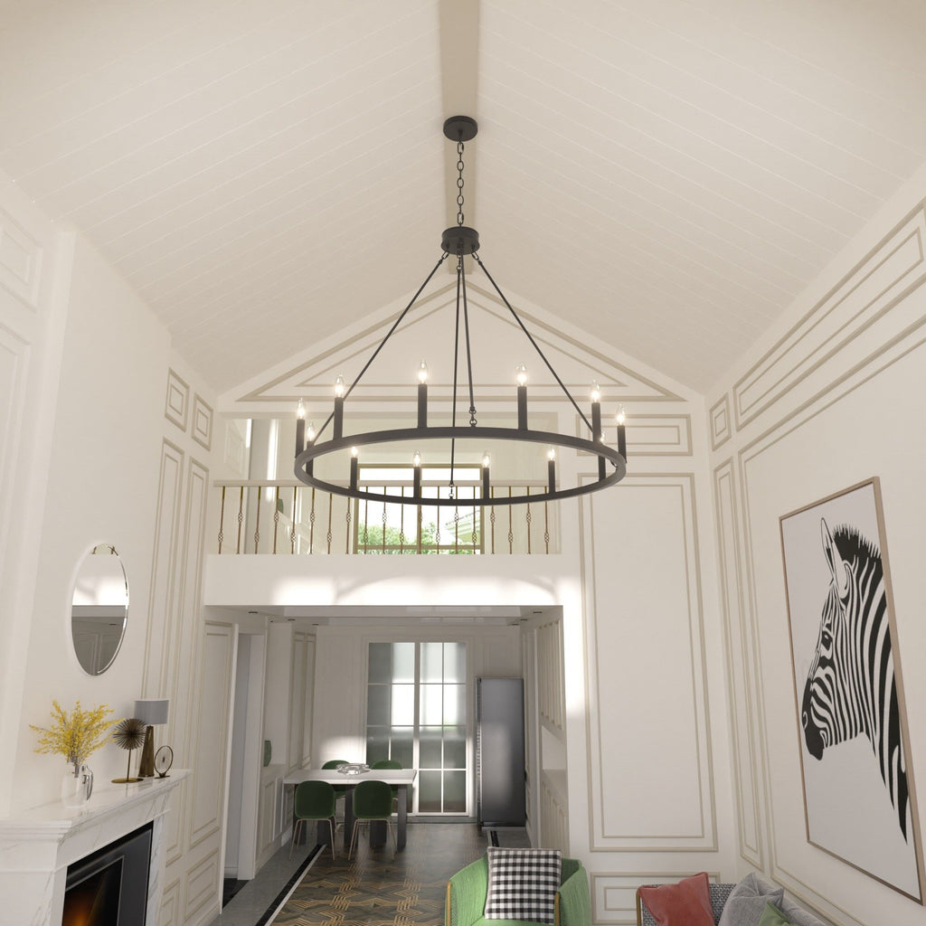 Acroma 12-flammiger Landhaus-Kronleuchter im Wagenrad-Design (40 Zoll) mit UL-Zertifizierung – 40 Zoll Durchmesser x 138 Zoll Höhe