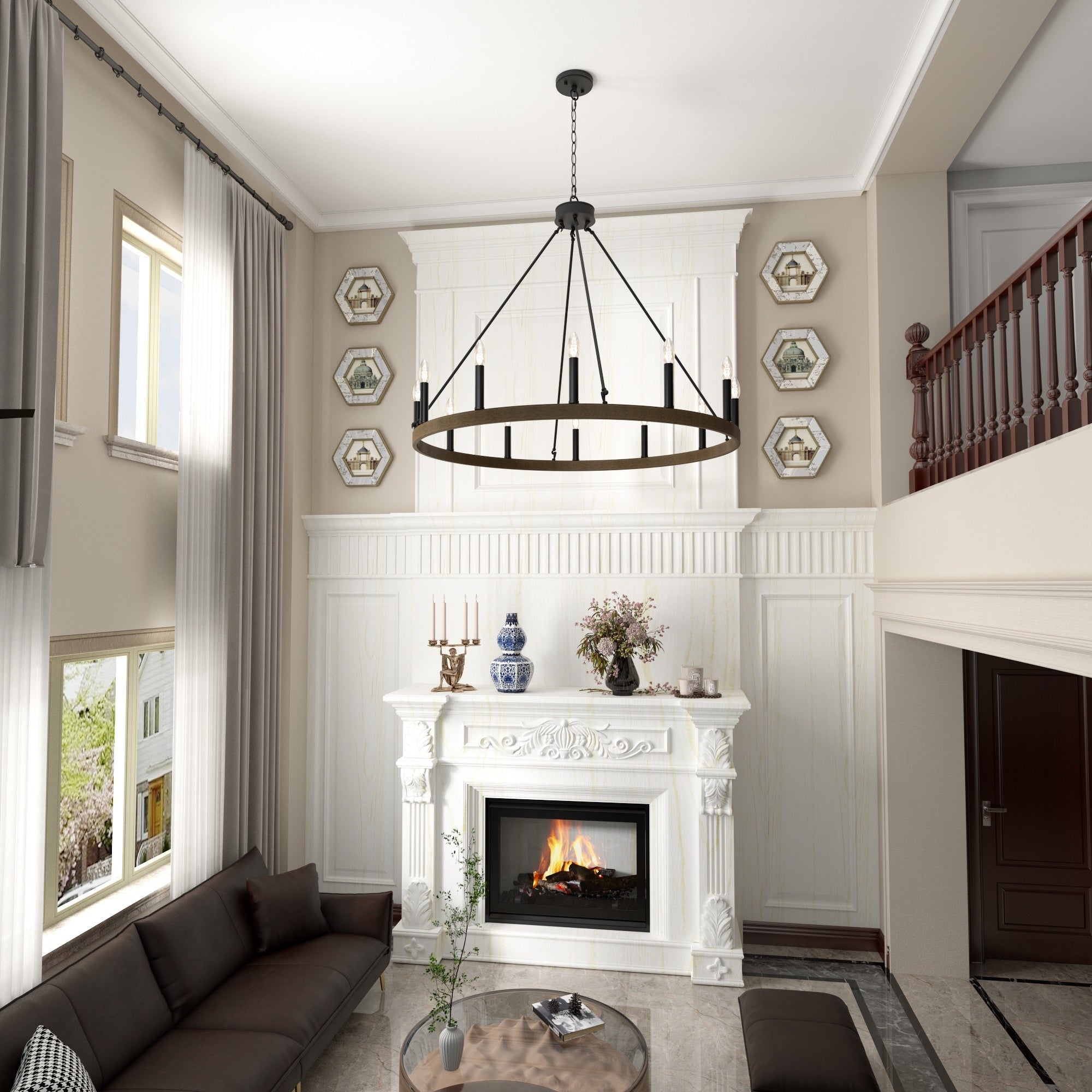 Acroma 12-flammiger Landhaus-Kronleuchter im Wagenrad-Design (40 Zoll) mit UL-Zertifizierung – 40 Zoll Durchmesser x 138 Zoll Höhe