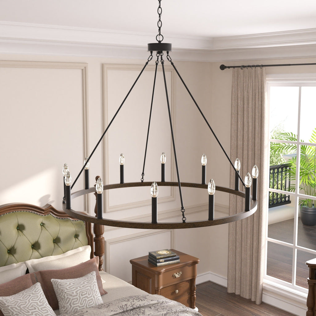 Acroma 12-flammiger Landhaus-Kronleuchter im Wagenrad-Design (40 Zoll) mit UL-Zertifizierung – 40 Zoll Durchmesser x 138 Zoll Höhe