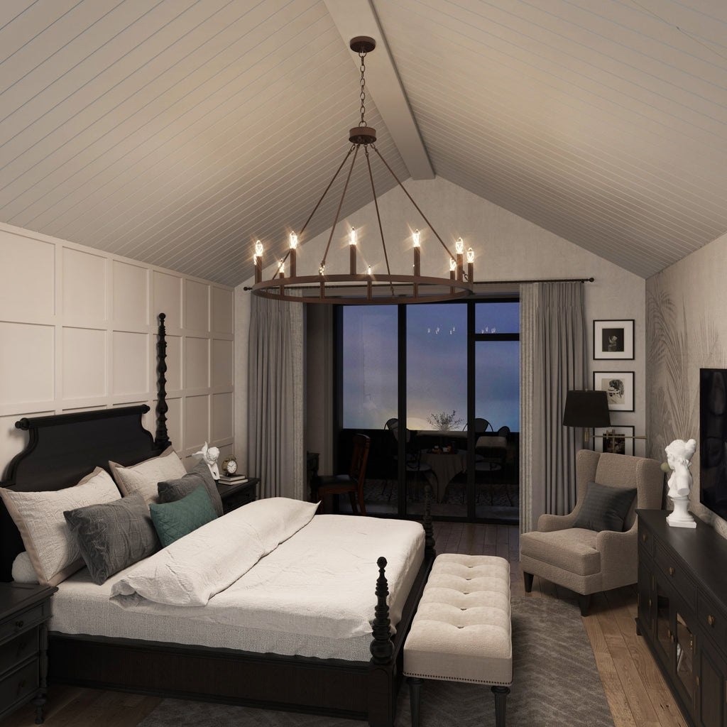 Acroma 12-flammiger Landhaus-Kronleuchter im Wagenrad-Design (40 Zoll) mit UL-Zertifizierung – 40 Zoll Durchmesser x 138 Zoll Höhe