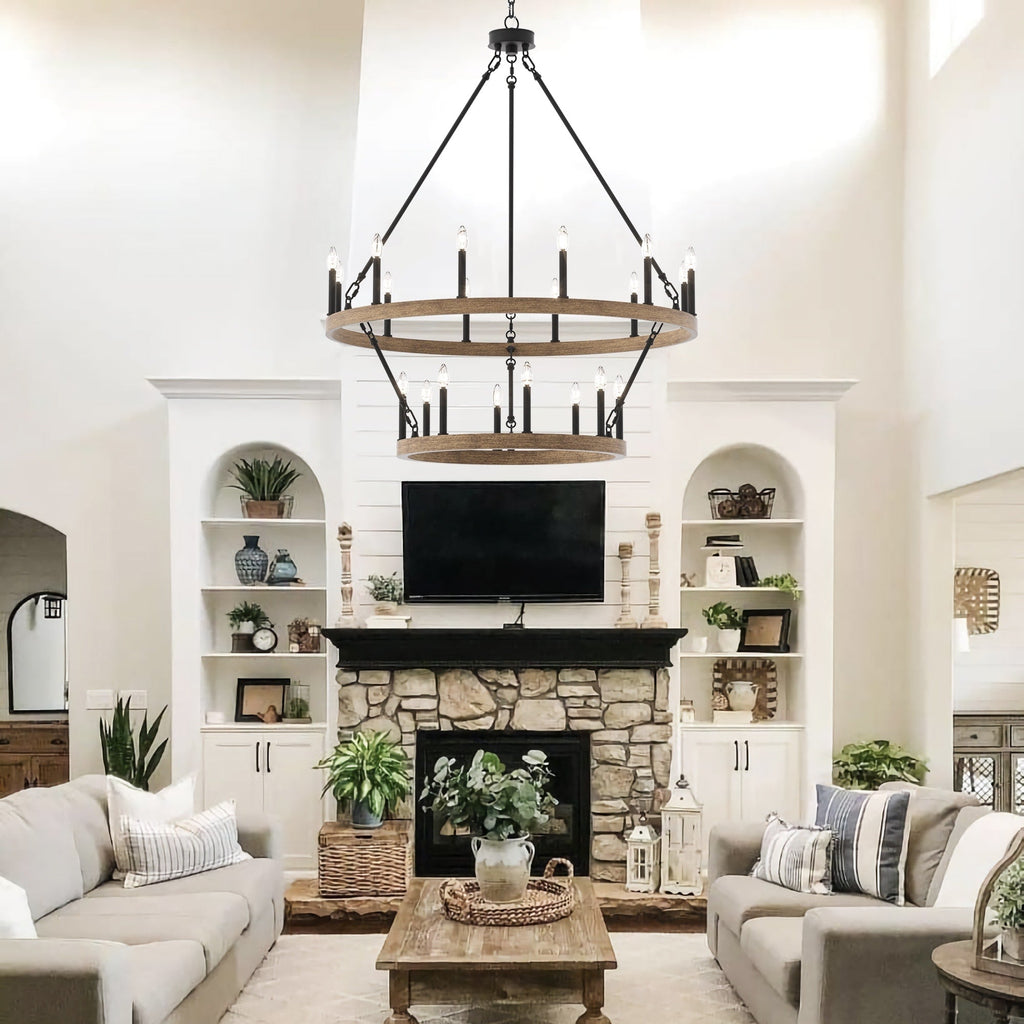 Acroma 20-flammiger Kronleuchter im modernen Landhausstil, 40 Zoll Durchmesser, rundes Wagenrad-Design, UL-zertifiziert