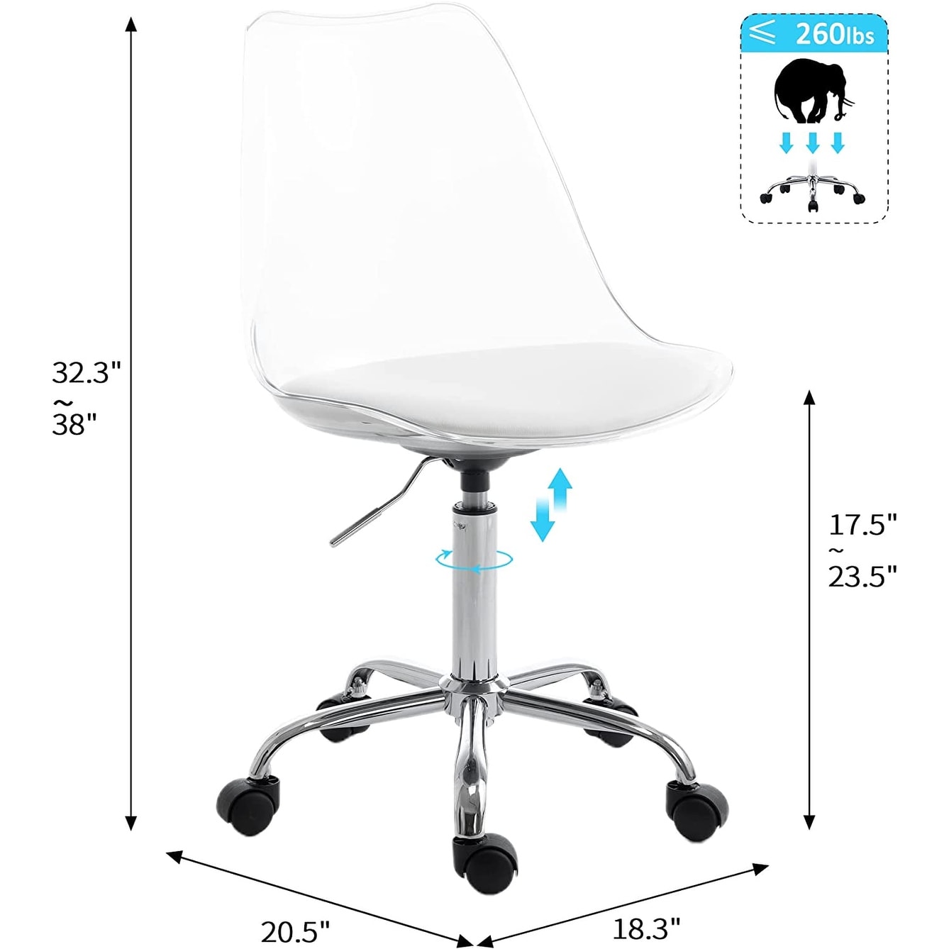 Drehbarer, höhenverstellbarer Bürostuhl aus Acryl ohne Armlehnen