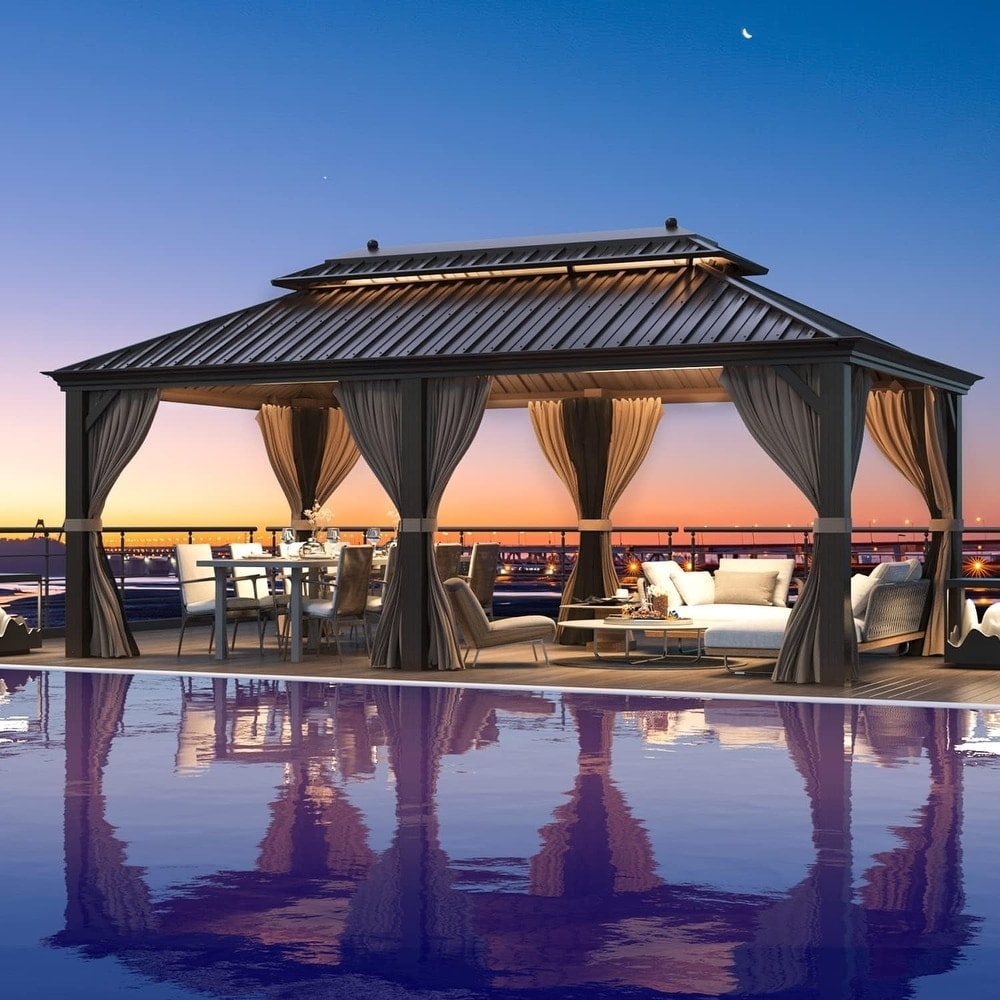 Erommy Pavillon mit festem Dach, Aluminiumrahmen und Doppeldach, permanenter Gartenpavillon inklusive Vorhängen und Moskitonetz für Terrasse und Garten