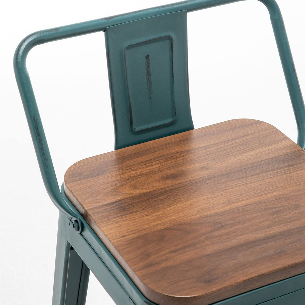 Barhocker mit Rückenlehne, 4er-Set, industrielle Metallbarhocker mit Holzsitzen